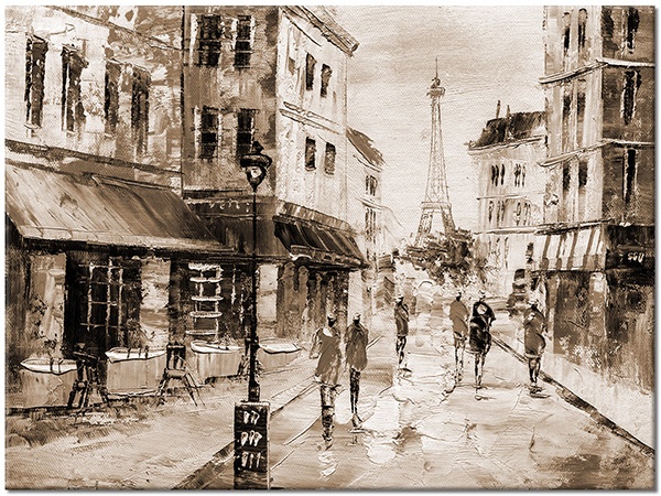 tableau sur toile, art, batiments, beige, blanc, bleu, france, gris, jaune, marron, multicolore, noir, orange, paris, peintures, peintures-paysages, rouge, silhouettes, tour-eiffel, vert, villes