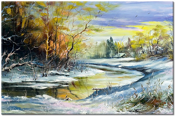 tableau sur toile, arbres, art, blanc, bleu, hiver, jaune, marron, neige, noir, orange, peintures, peintures-paysages, riviere