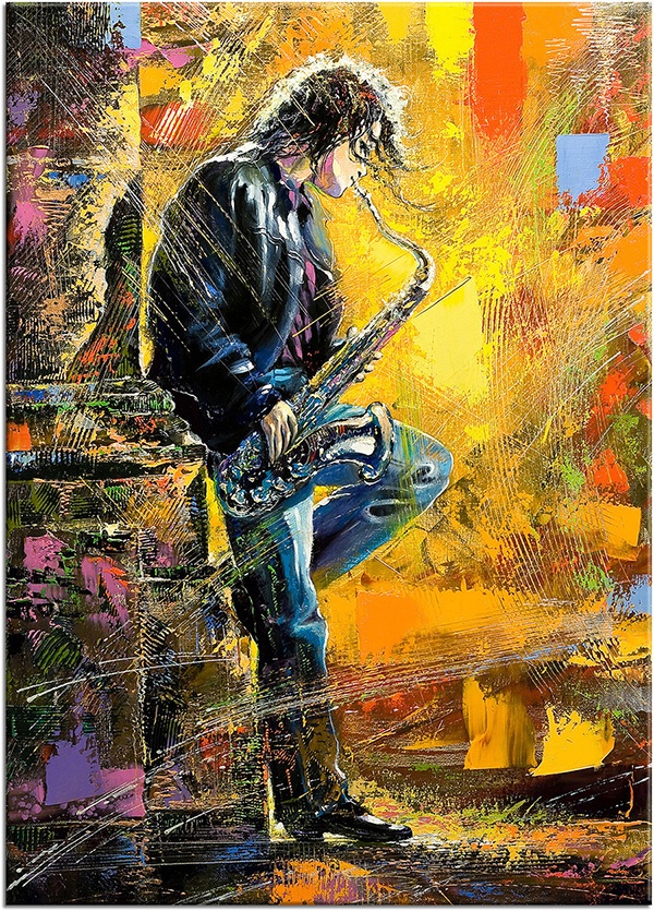 tableau sur toile, art, art-contemporain, bars, bleu, hommes, musique, noir, orange, peintures, peintures-personnages, rose, violet
