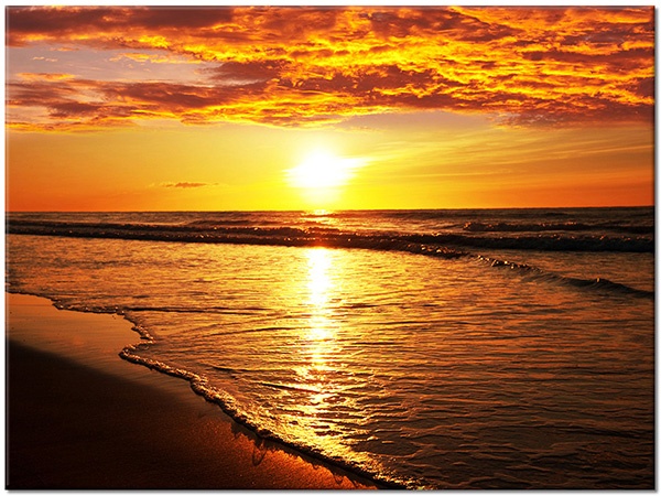 tableau sur toile, ciel, coucher-soleil, jaune, lever-du-soleil, marron, mer, mer-cascades-lacs, miroir, nuages, orange, paysages, plage, soleil, vagues