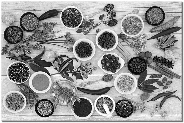 tableau sur toile, aliments-boissons, beige, blanc, bois, cuisine, divers, epices, gris, marron, nature-morte, noir, orange, restaurants, rouge, vert, violet