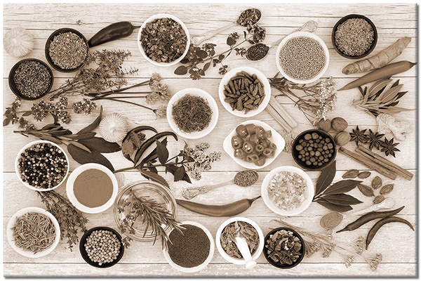 tableau sur toile, aliments-boissons, beige, blanc, bois, cuisine, divers, epices, gris, marron, nature-morte, noir, orange, restaurants, rouge, vert, violet