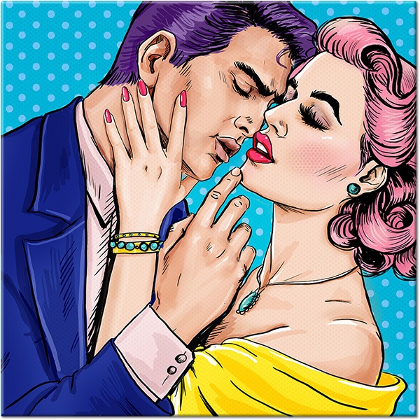 tableau sur toile, art, art-contemporain, autres, baiser, bars, beige, bleu, couples, cyan, dessin, divers, femmes, hommes, jaune, nature-morte-autres-peintures, peintures, pop-art, rose, rouge, violet