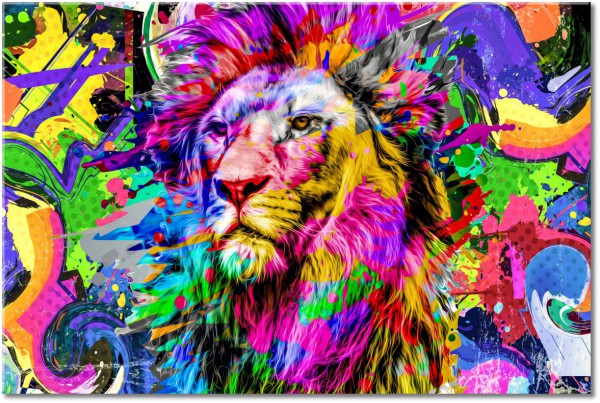 tableau sur toile, abstrait-fantaisie, animaux, animaux-sauvages, art, art-contemporain, bleu, jaune, lions, multicolore, pop-art, rose, rouge, vert, violet