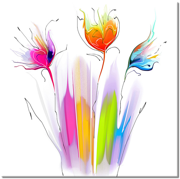 tableau sur toile, abstrait-fantaisie, art, art-contemporain, bleu, dessin, multicolore, nature-morte-autres-peintures, orange, peintures, rose, tulipes, vert, violet