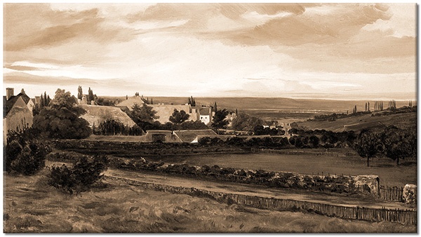 tableau sur toile, art, autres-paysages, batiments, beige, blanc, bleu, champs, paysages, peintures, peintures-paysages, rousseau, vert, villages