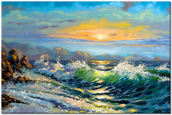 tableau sur toile, art, beige, bleu, ciel, coucher-soleil, cyan, jaune, lever-du-soleil, marron, mer, mer-cascades-lacs, nuages, orange, paysages, peintures, peintures-paysages, rochers, soleil, vagues, vert, violet
