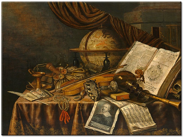 tableau sur toile, art, beige, blanc, collier, marron, musique, nature-morte, nature-morte-autres-peintures, peintures, vintage, violons