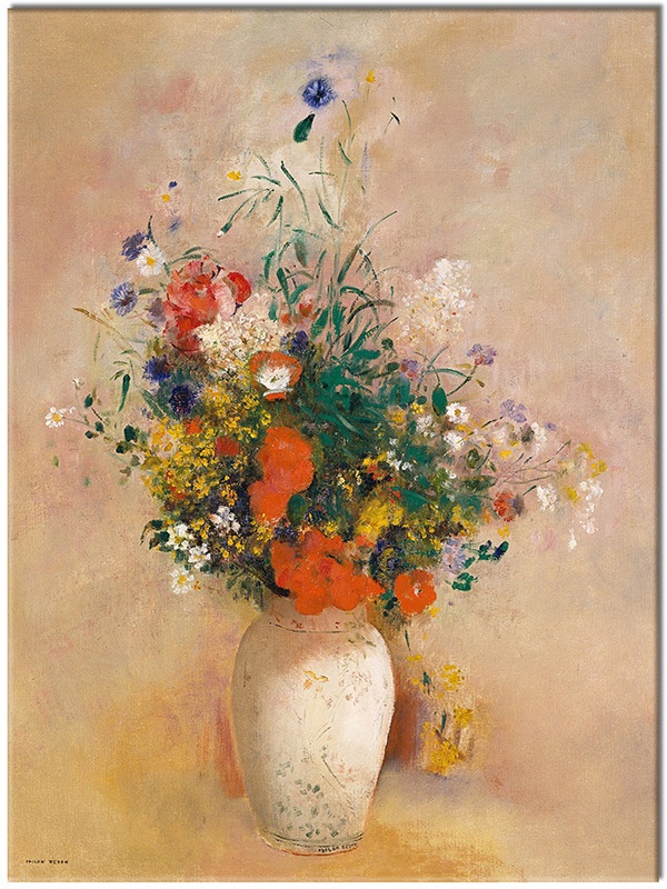 tableau sur toile, art, beige, blanc, bleu, fleurs, jaune, nature-morte, nature-morte-autres-peintures, orange, peintures, redon, vase, vert