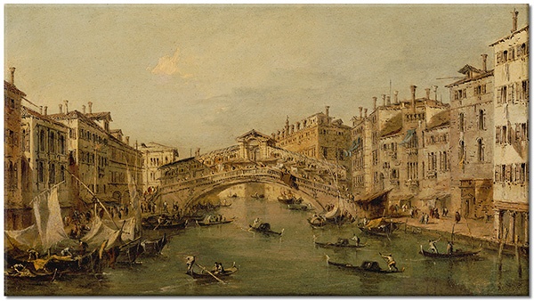 tableau sur toile, art, bateaux-navires, beige, guardi, italie, marron, paysages, paysages-urbains-ruraux, peintures, peintures-paysages, ponts, riviere, venise, villes