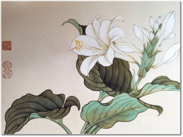 tableau sur toile, aquarelle, art, beige, blanc, chine, dessin, fleurs, lys, nature-morte-autres-peintures, peintures, vert