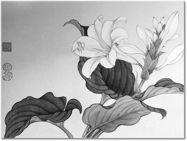 tableau sur toile, aquarelle, art, beige, blanc, chine, dessin, fleurs, lys, nature-morte-autres-peintures, peintures, vert