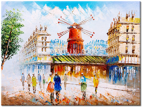 tableau sur toile, art, beige, bleu, france, moulin-rouge, multicolore, paris, peintures, peintures-paysages, peintures-personnages, rouge, route, villes