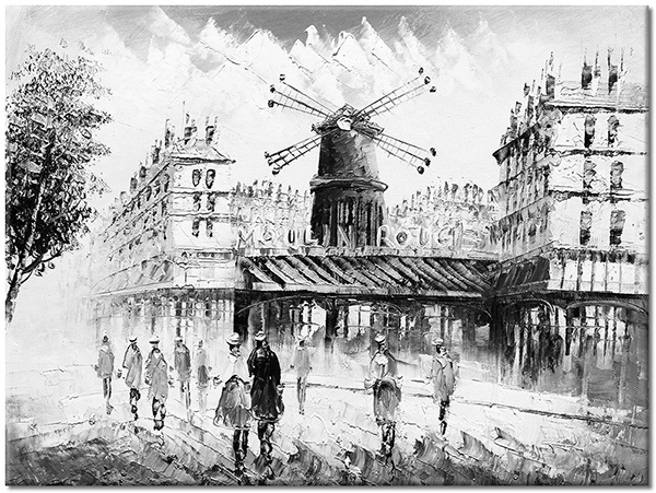 tableau sur toile, art, beige, bleu, france, moulin-rouge, multicolore, paris, peintures, peintures-paysages, peintures-personnages, rouge, route, villes