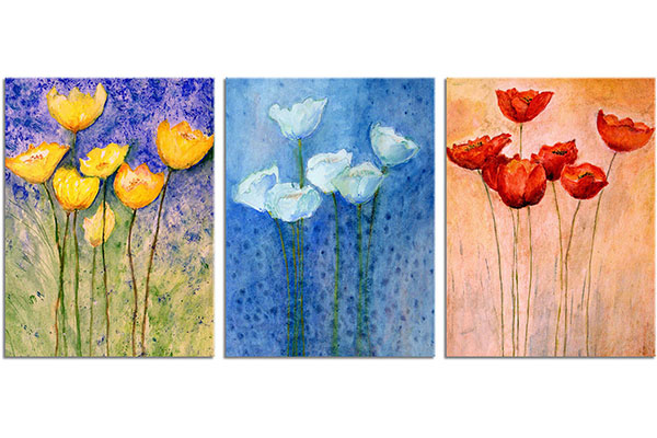 Set von 3 Leinwandbilder: Aquarelle mit gelben, blauen und roten Mohnblumen