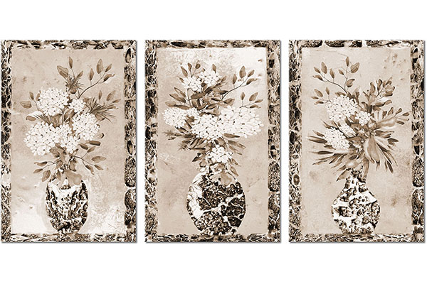 set of 3 canvas prints: Three vases with white flowers within frame