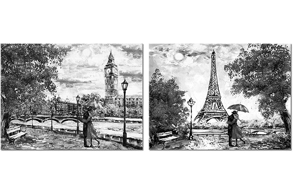 ensemble de 2 tableaux sur toile: Amants à Londres et à Paris
