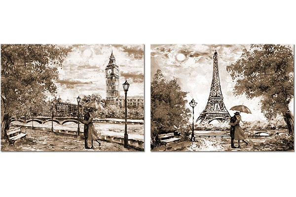 ensemble de 2 tableaux sur toile: Amants à Londres et à Paris