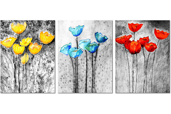 ensemble de 3 tableaux sur toile: Aquarelles aux coquelicots jaunes, bleus et rouges