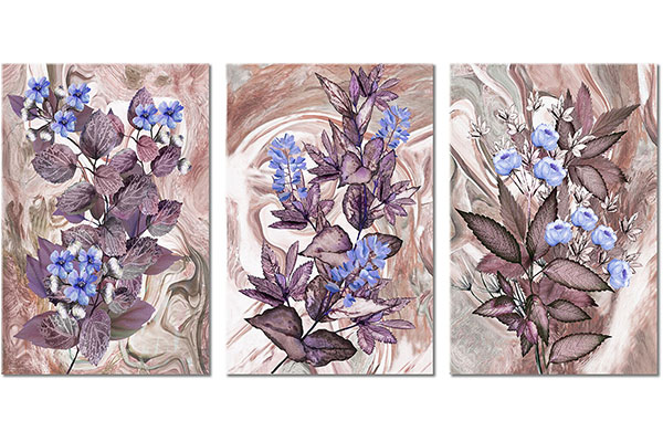 ensemble de 3 tableaux sur toile: Branches avec des fleurs sur des fonds fluides