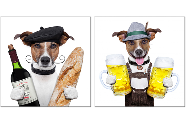 ensemble de 2 tableaux sur toile: Chien boulanger, sommelier, brasseur