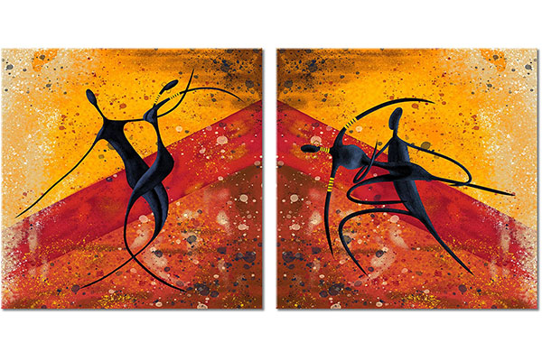 ensemble de 2 tableaux sur toile: Couple de danseurs africains, silhouettes abstraites