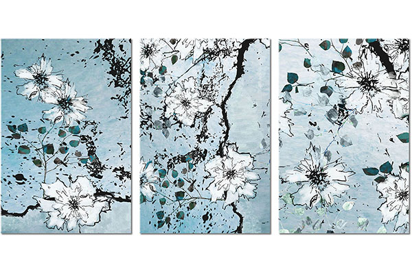 ensemble de 3 tableaux sur toile: Croquis de fleurs blanches sur les branches