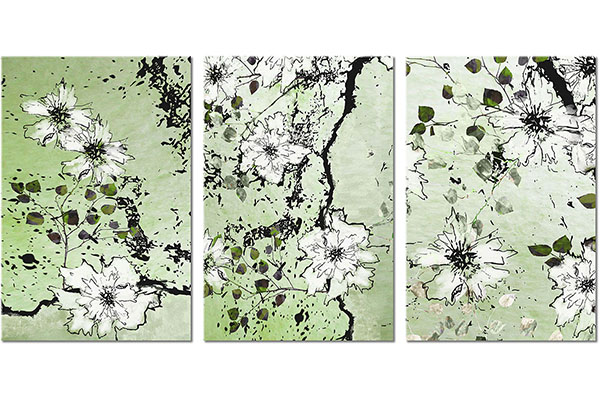 ensemble de 3 tableaux sur toile: Croquis de fleurs blanches sur les branches