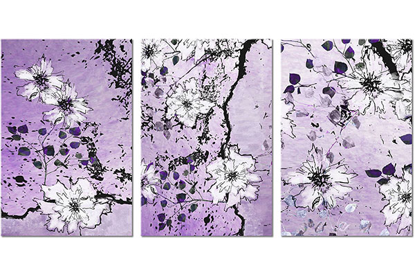 ensemble de 3 tableaux sur toile: Croquis de fleurs blanches sur les branches