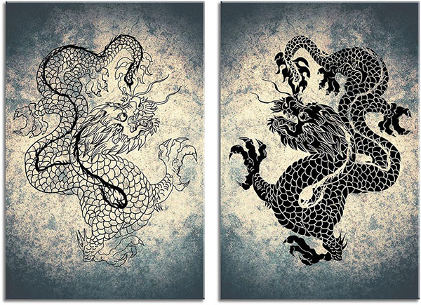 ensemble de 2 tableaux sur toile: Dessin de dragons noirs et blancs