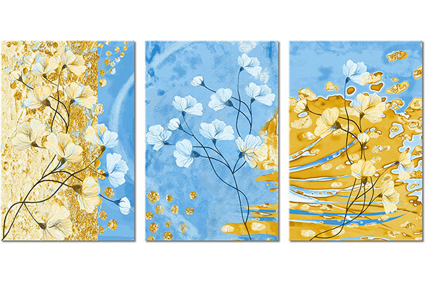 ensemble de 3 tableaux sur toile: Fleurs blanches sur fond bleu-or
