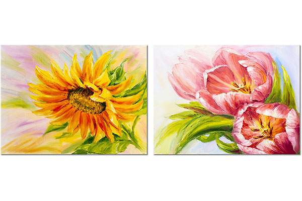 ensemble de 2 tableaux sur toile: Peintures de tournesols et de tulipes
