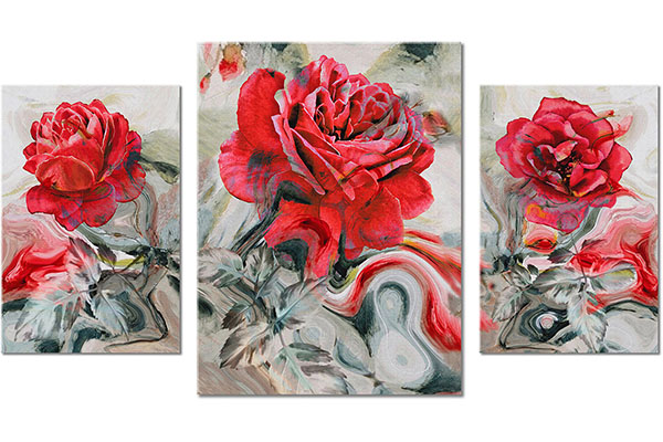 ensemble de 3 tableaux sur toile: Roses sur fond de couleurs mélangées