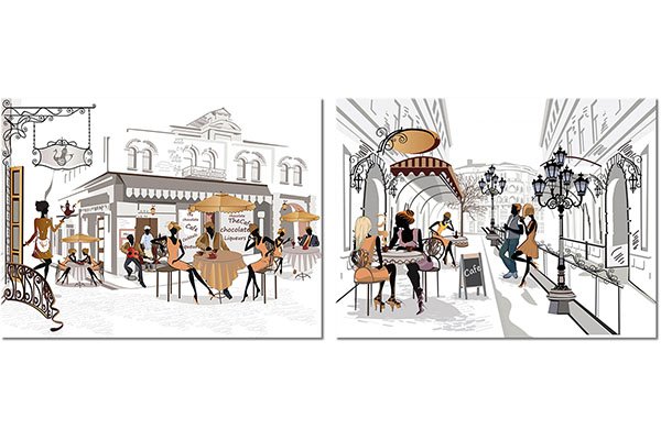ensemble de 2 tableaux sur toile: Terrasses de cafés