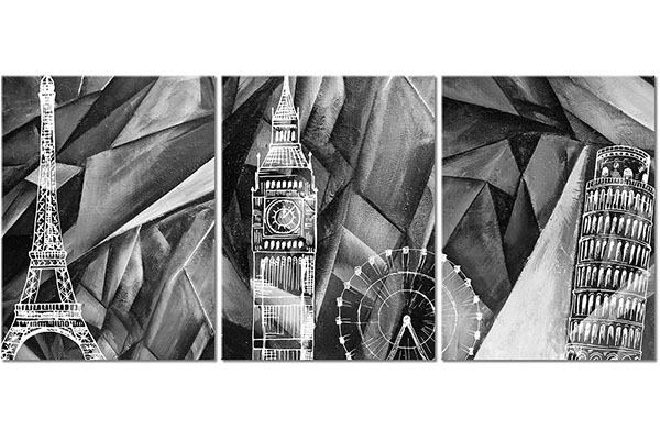 ensemble de 3 tableaux sur toile: La Tour Eiffel, Big Ben et la Tour Penchée de Pise