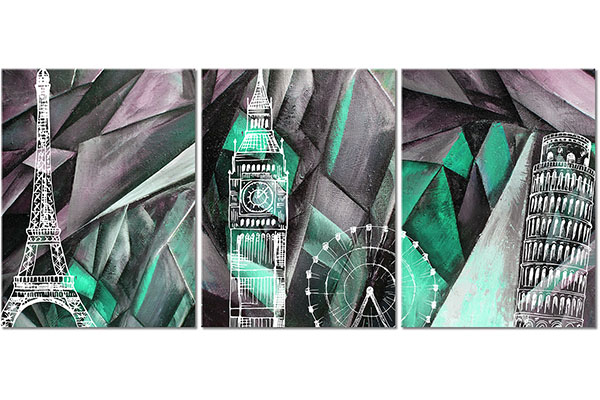 ensemble de 3 tableaux sur toile: La Tour Eiffel, Big Ben et la Tour Penchée de Pise