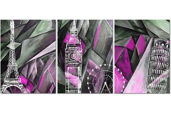 ensemble de 3 tableaux sur toile: La Tour Eiffel, Big Ben et la Tour Penchée de Pise
