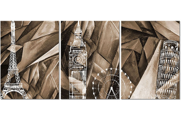 ensemble de 3 tableaux sur toile: La Tour Eiffel, Big Ben et la Tour Penchée de Pise