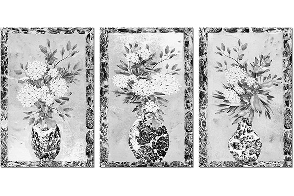 ensemble de 3 tableaux sur toile: Trois vases à fleurs blanches dans un cadre