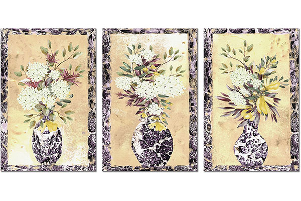 ensemble de 3 tableaux sur toile: Trois vases à fleurs blanches dans un cadre